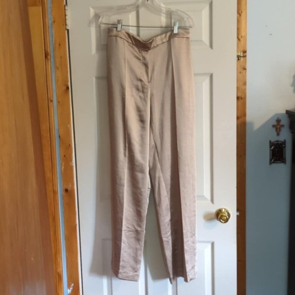 Mango Pants Sz Lg Tall 34" x 34" New Gold Satin Pantalon 312Nicole Chic Glamour